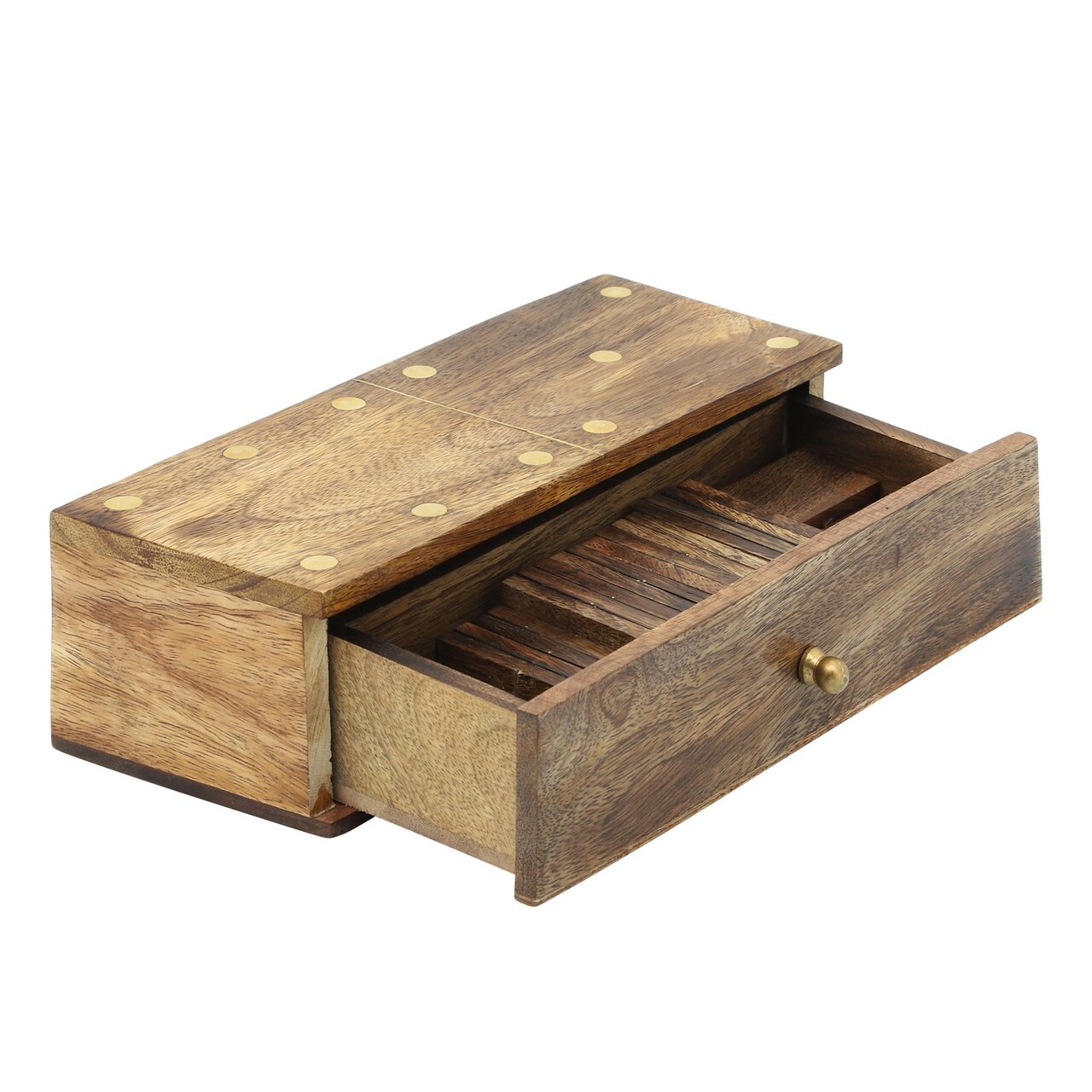 Kingston Living 9" Natural Mango Wood Dominoes Game Box Table Accent
